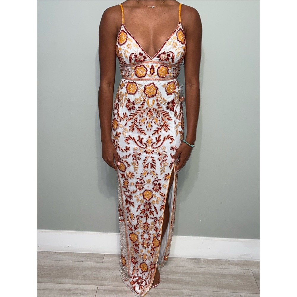 Jovani white/orange embellished vneck evening dress